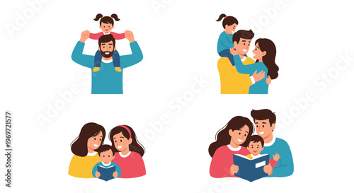 Beautiful collection of family moments showing parents playing with their children and reading books together in a warm and loving atmosphere at home.