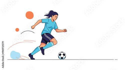 Dynamic illustration of a skilled female soccer player wearing blue and black uniform dribbling a ball quickly across the field during a game.