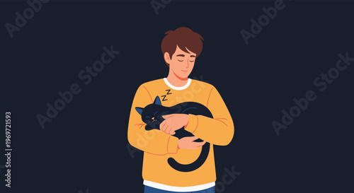 Gentle young man wearing a yellow sweater lovingly holding and hugging a sleeping black cat against a dark background in a peaceful domestic scene.