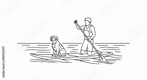 Line art of a man and dog paddleboarding on wavy water