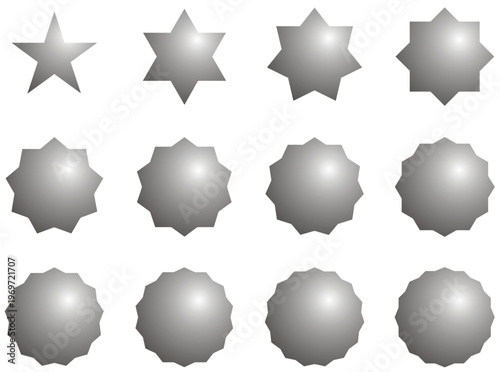 Gray star shapes set with gradient shading isolated on white background