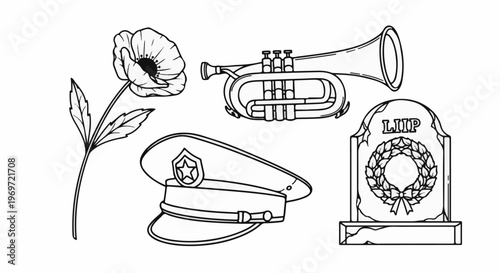 Line art of a poppy, trumpet, cap, and tombstone with wreath