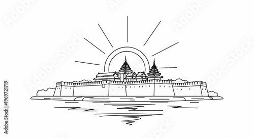 Line art of a fortified city with tiered roofs and sun rays over water