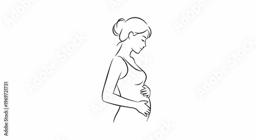 Line art of a pregnant woman's side profile, cradling her belly