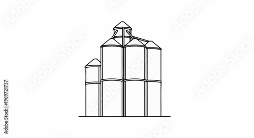 Line drawing of industrial grain silos, complex multi-tiered structure