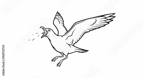 Line art of a seagull in flight, mouth open, appearing to squawk