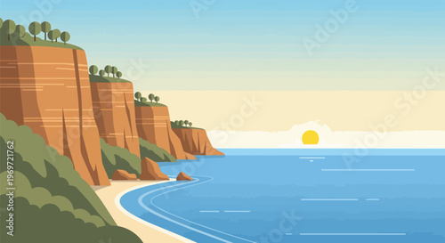 Flat Vector Illustration of Coastal Cliffs and Ocean at Sunrise