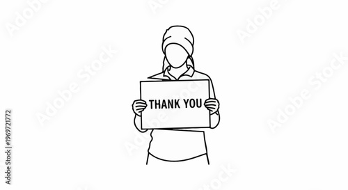 Line drawing of person holding sign saying thank you