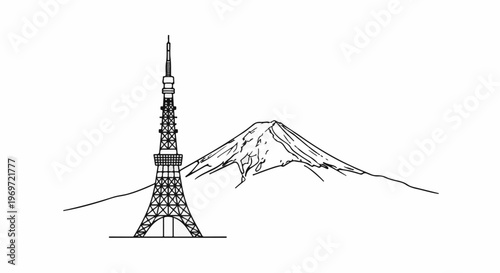 Iconic tower and majestic mountain peak silhouette in monochrome sketch