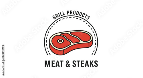 Professional meat and steaks logo design featuring a succulent cut of red beef steak within a circular dashed line frame with bold text elements.