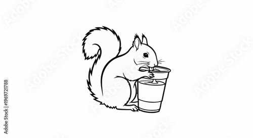 Line art of a squirrel drinking from a cup