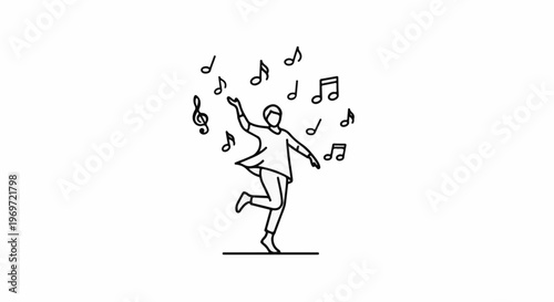 Line drawing of person jumping with musical notes surrounding them
