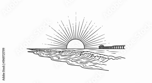 Line art of a sunburst over ocean waves with a distant pier