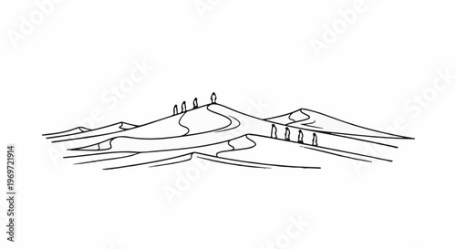 Line drawing of figures walking across a sand dune landscape