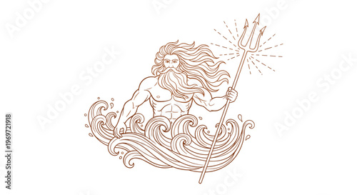 Majestic illustration of the sea god Poseidon or Neptune rising from powerful ocean waves while holding his iconic trident against a white background.