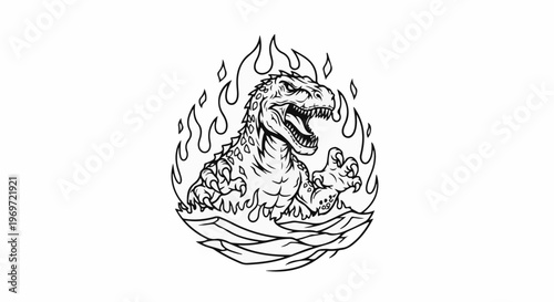 Fierce dinosaur roaring amidst dramatic flames and jagged terrain