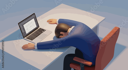 Tired Businessman Sleeping on Desk with Laptop.