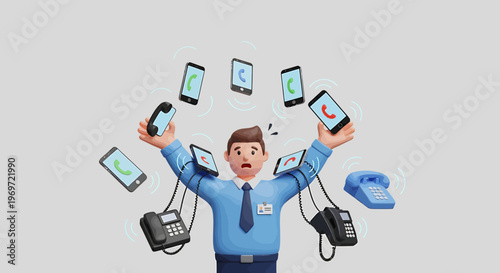 Stressed businessman juggling multiple phones and smartphones, overwhelmed by communication.