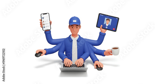 Multitasking professional with multiple arms managing various tasks simultaneously.