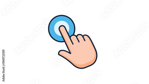 Digital interface icon showing a human hand with an index finger clicking or tapping on a vibrant blue interactive button or target point.