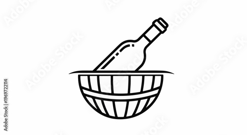 Line art of a wine bottle chilling in a wooden barrel