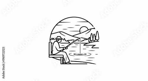 Lone angler casts a line into tranquil waters with a scenic mountain backdrop