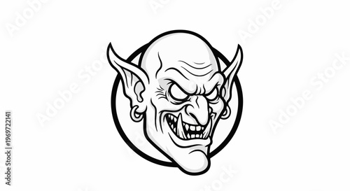 Fierce, grinning goblin head with sharp teeth and pointed ears in a circle
