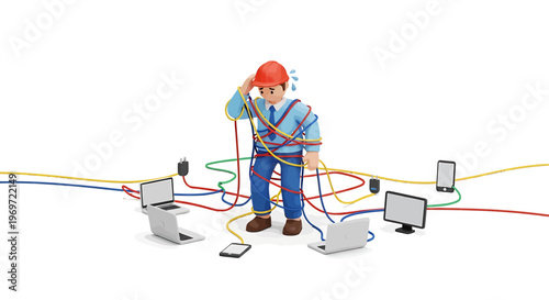 Confused technician surrounded by tangled network cables and electronic devices.
