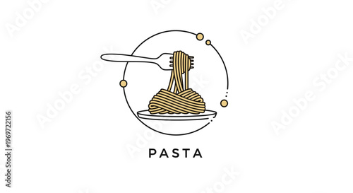 Simple and stylish pasta logo featuring a generous swirl of spaghetti on a white plate being lifted by a silver fork against a circular background.