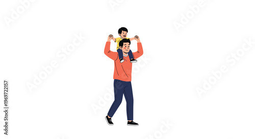 Joyful father walking happily while giving his young son a fun shoulder ride on a white background representing a happy childhood and family bond.