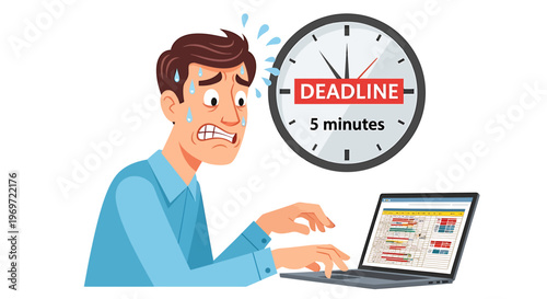 Stressed man working on laptop with a looming deadline.