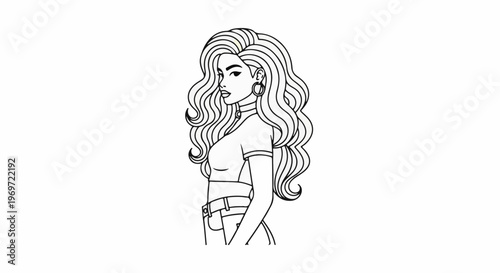 Line art of a woman with voluminous, wavy hair and fashionable attire