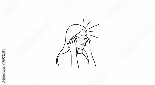 Line art of a woman with closed eyes holding her temples