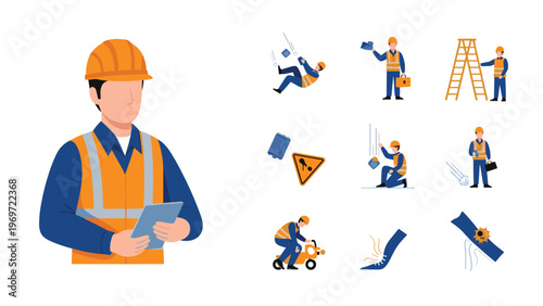 Comprehensive occupational safety infographic featuring a construction manager alongside various icons representing common workplace hazards.