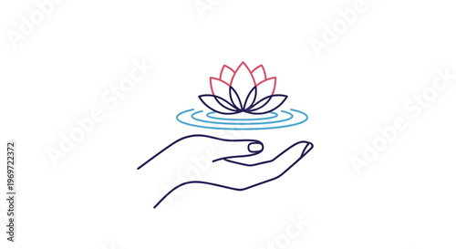 Serene and spiritual icon showing a delicate lotus flower floating on water ripples above a human hand in a gesture of care and protection for peace.