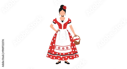 Woman in Traditional Spanish Flamenco Dress Holding Basket of Strawberries