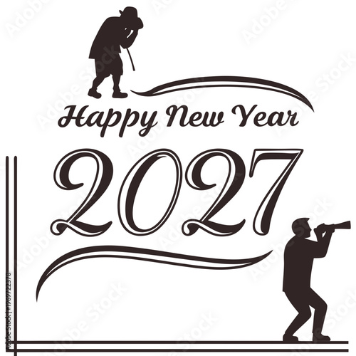 A festive new year design features a silhouette of a man with a cane and another looking through a spyglass celebrating 2027