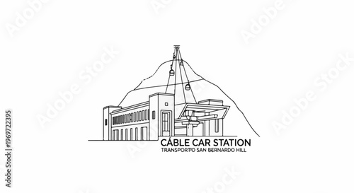 Line art of cable cars ascending a mountain from a station