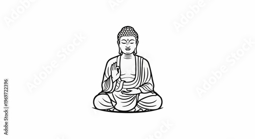 Line art of Buddha meditating in seated lotus position, calm expression