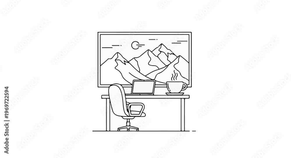 Fototapeta premium Minimalist desk with laptop, coffee, chair, and mountain landscape backdrop
