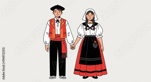 Couple in Traditional Basque Costumes Holding Hands