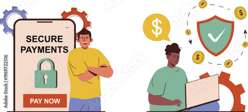 Illustration of secure online payment methods and transactions in progress
