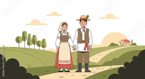 Couple in Traditional Folk Costumes Holding Hands in a Rural Landscape