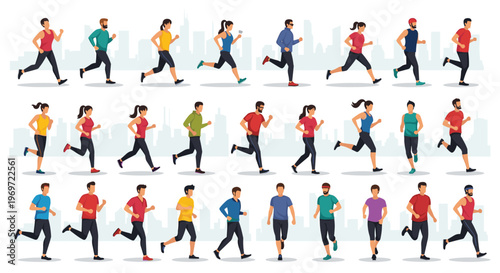 Huge group of diverse men and women in colorful athletic wear running together on a marathon through a city with high rise buildings in the background.