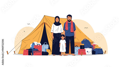 Somber scene of a displaced family consisting of parents and a young child standing with their belongings in front of a temporary tent shelter.