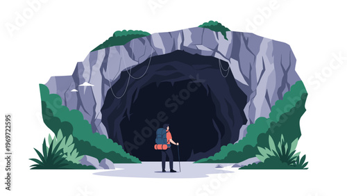 Adventurous scene of a solo hiker with a backpack standing at the threshold of a massive dark cave entrance surrounded by lush green foliage.