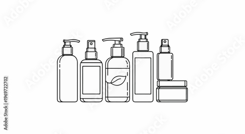 Line art of various cosmetic containers, including spray bottles and pumps