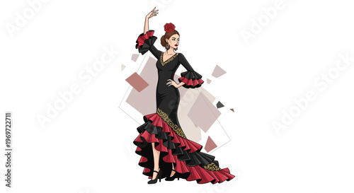 Flamenco Dancer in Black and Red Dress with Ruffles
