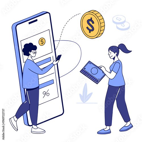 A digital illustration depicts a mobile payment transaction between two individuals showcasing the convenience of modern financial technology high quality