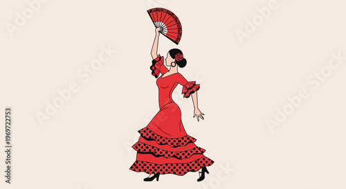 Flamenco Dancer in Red Dress with Fan